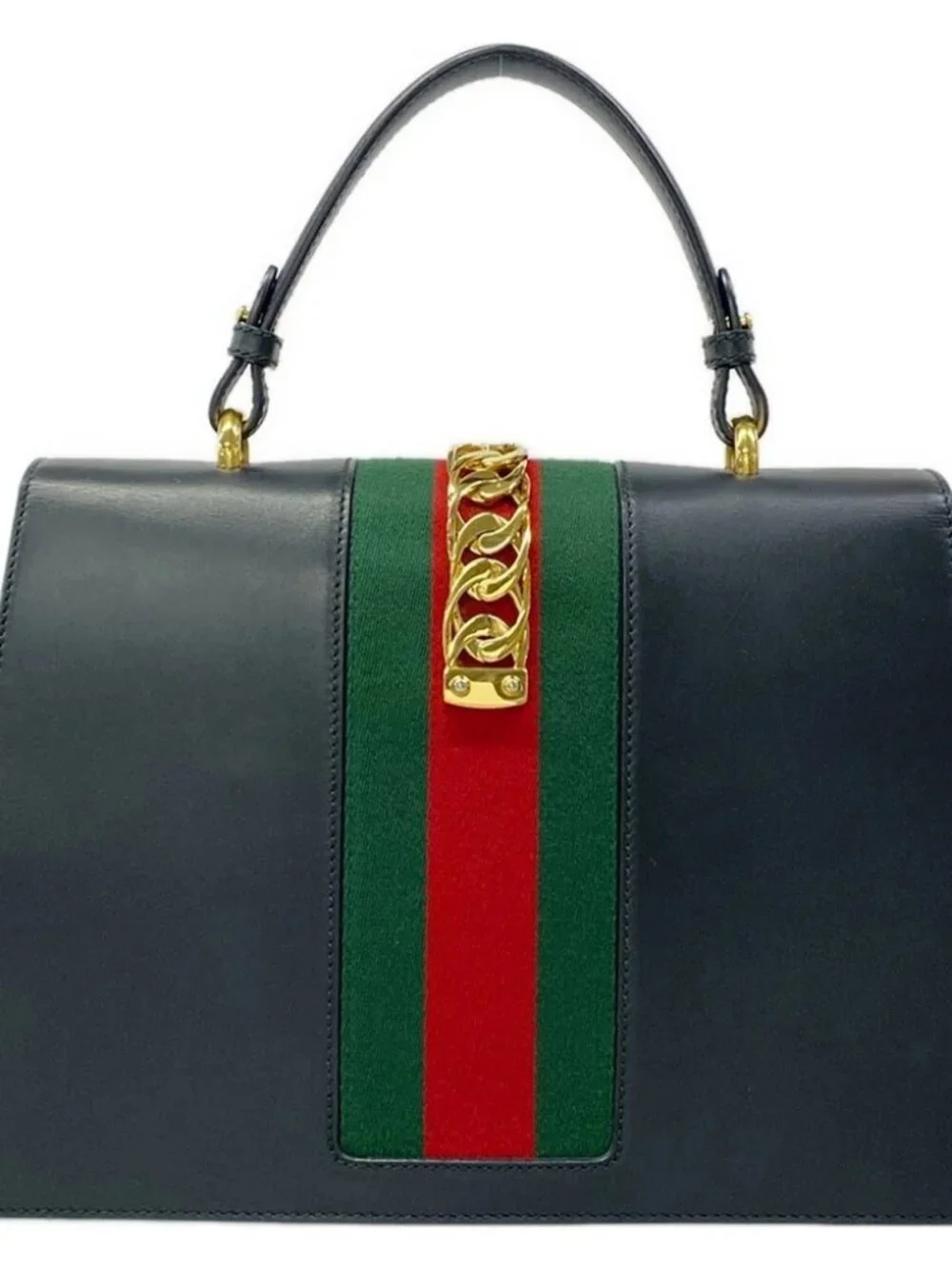 GUCCI Sylvie 431665 Dark Navy Green Red Leather Chemical Fiber Handbag